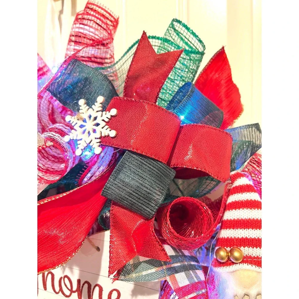 Handmade Christmas Gnome for the Holidays Ribbon Door Wreath 22 ins LED W37